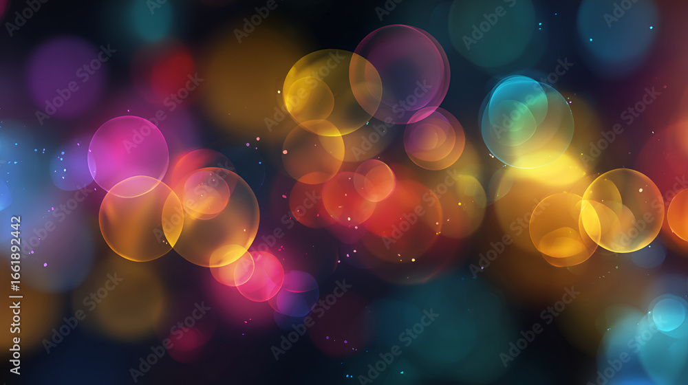Poster bokeh overlay colorful transparent overlapping circles on a dark background