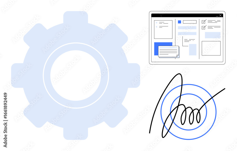 Poster gear representing process automation, web interface suggesting digital tools, and signature denoting