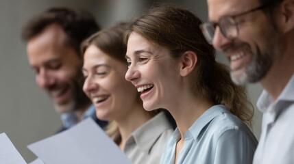 Fototapeta premium Happy employees engaged in discussion while reviewing documents during a productive office meeting