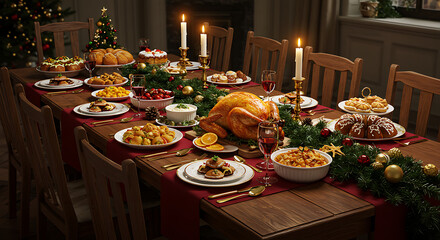 A festive holiday meal with roast turkey and many side dishes elegantly displayed on the dining table.