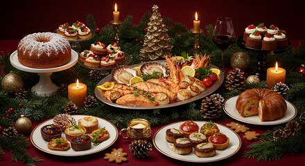 Fototapeta premium Festive Holiday Feast: a table laden with savory seafood, delectable cakes, and seasonal treats.