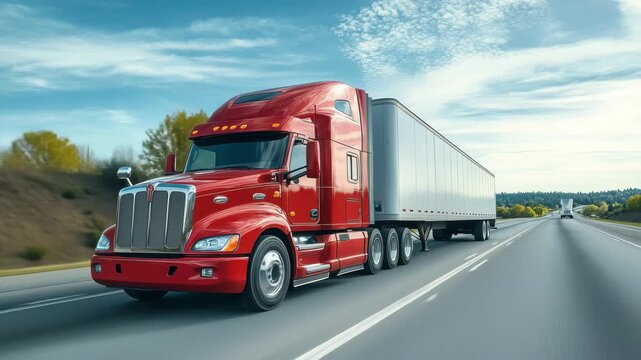 A bright red semitruck driving on a highway during the day, symbolizing longdistance transportation and logistics in the commercial industry 4k video