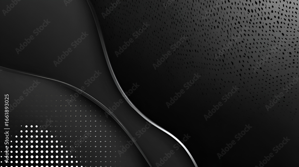 Poster dark curved panels with silver accents and dot patterns create a textured modern design