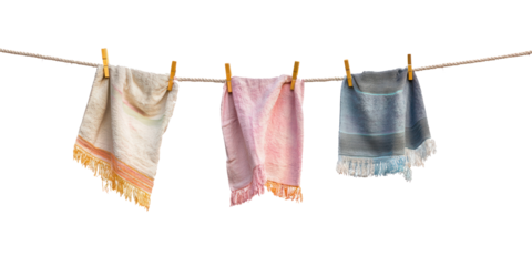 Three colorful towels hanging on a clothesline with wooden pegs.
