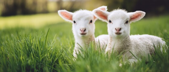 Obraz premium The playful lambs joyfully lounging together in a lush green meadow.