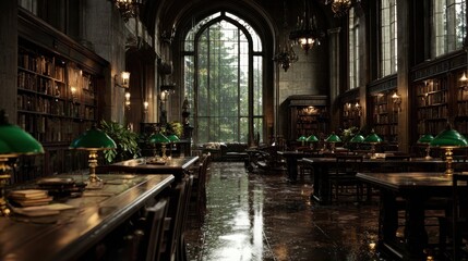 Reading in old library, rainy day outdoors through the window. Education promo image