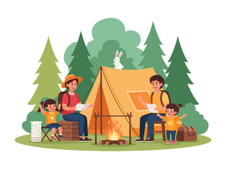 Family camping in the forest: A family of four, consisting of parents and two children, enjoying quality time while camping in a vibrant forest setting, gathering around a warm campfire.