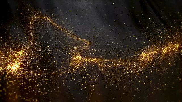 Golden particles swirling in a dark abstract design.