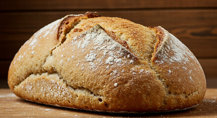 Close-up view of golden sourdough loaf sprinkled with flour, resting on a wooden surface, rustic and fresh.