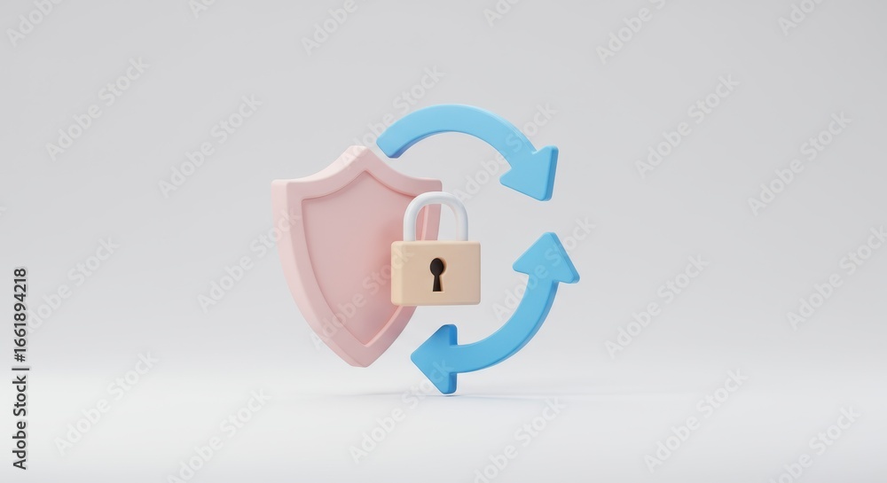 Poster pastel shield padlock and arrows representing security and protection systems