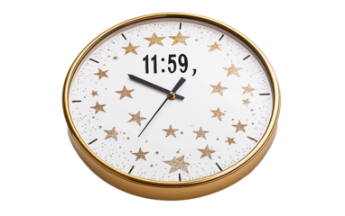 Detailed close-up of a New Years Eve countdown clock showing the final seconds before midnight celebration isolated on transparent background PNG