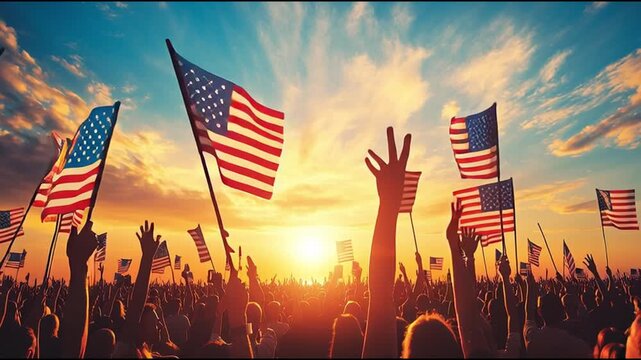 Patriotic Display at Sunset: A spirited crowd waves American flags against a vibrant sunset sky, embodying unity and national pride. The dynamic image celebrates freedom and democracy.