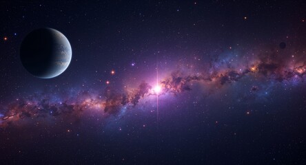 Fototapeta premium A Distant World in the Cosmic Sea. Majestic Galaxy and Planet, Sparkling Stars.