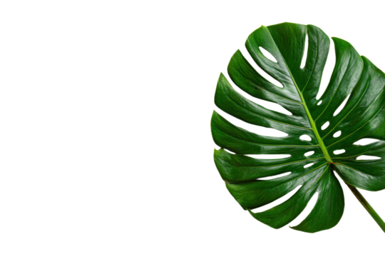 Leaf of tropical monstera plant on white background png file, Flat lay, top view with space for text