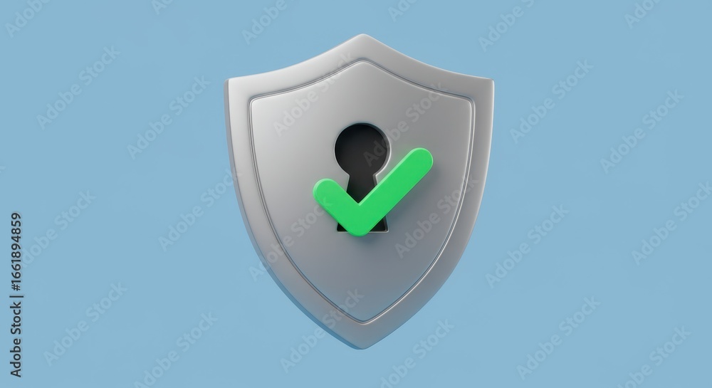 Poster stylized security shield with keyhole and green check mark ensures data protection