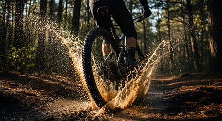 Mountain biker riding through a muddy puddle, creating a large splash of water and dirt in a forest setting.