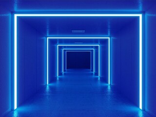 Fototapeta premium Abstract Blue Lit Tunnel with Geometric Frames Leading to an Enigmatic End.