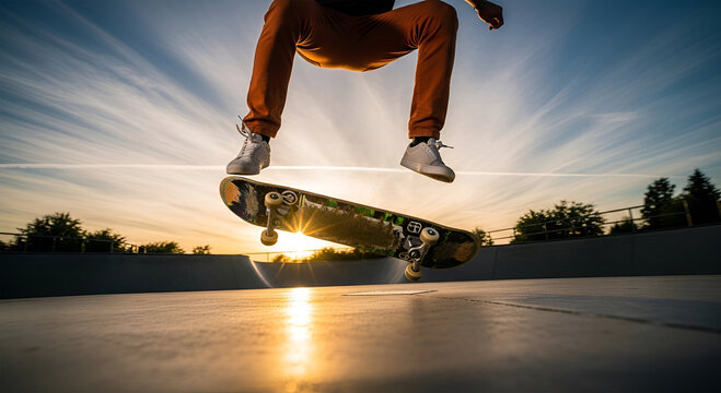 A skateboarder in mid-air, performing a trick against a dramatic sunset backdrop.