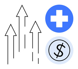 Fototapeta premium Upward-pointing arrows with blue health cross and dollar coin highlight concepts of progress, growth, healthcare, and finance. Ideal for economics, business, investment, healthcare, strategy growth