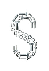 Letter S formed by an assortment of silver metallic bolts, nuts, and washers, perfect for engineering, hardware, automotive, or DIY project branding. Ideal for educational materials,