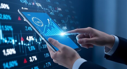Hands interact with a tablet displaying financial charts and data, set against a blue background of blurred stock market statistics.