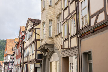 Historic half timbered houses and old brick architecture in Hann Münden, Germany