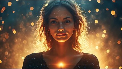 Radiant Soul: A portrait of a woman, bathed in ethereal light. Warm and inviting, exuding peace and serenity.