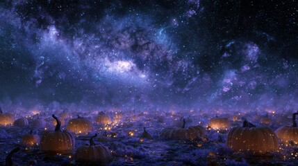 Surreal Cosmic Pumpkin Festival Floating in Space with Glowing Galaxies