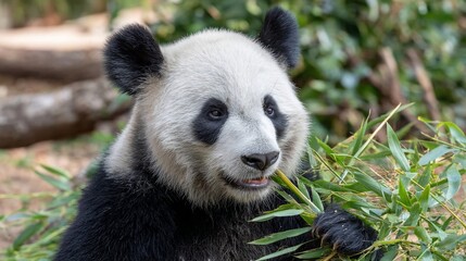 Obraz premium Young Panda Bear Eating Bamboo in Natural Forest Setting