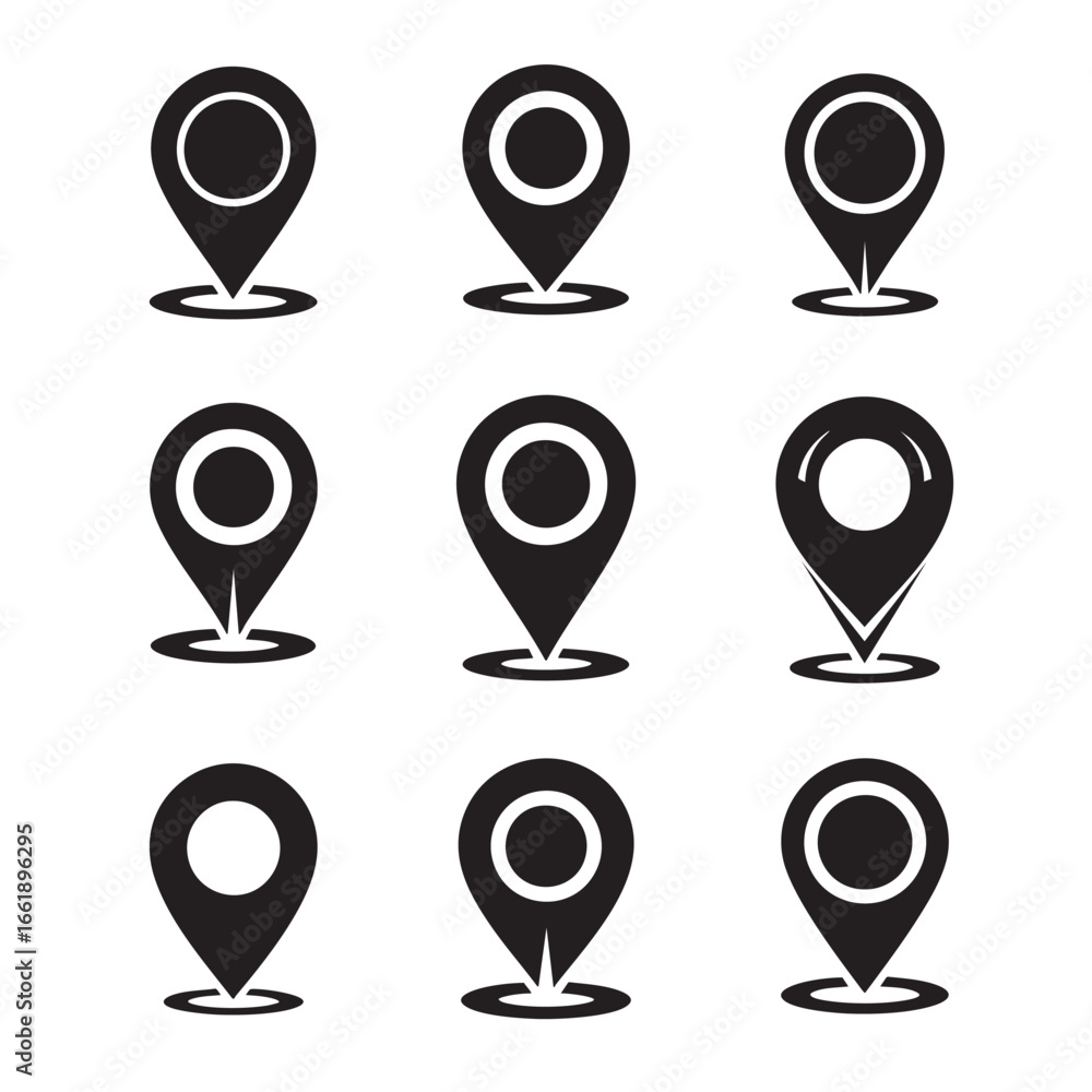 Poster set of nine black map location pin icons in a 3x3 grid on a white background marker pointer