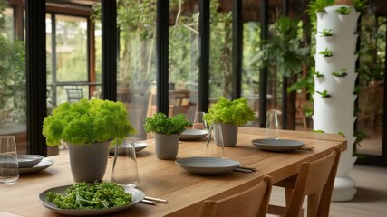 A table with a salad and a vase of green plants. Closeup dining table setup with vertical hydroponic farm in background, vertical farming restaurant, soft bright natural light - Powered by Adobe