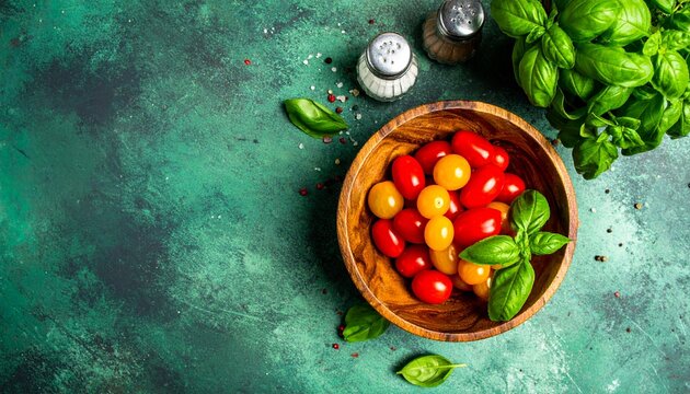 Colorful cherry tomatoes and basil in wooden bowl