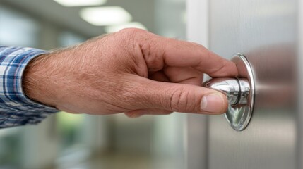 Hand reaches for chrome elevator button in a modern building corridor during daytime hours