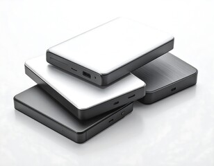 Stack of portable hard drives in various colors