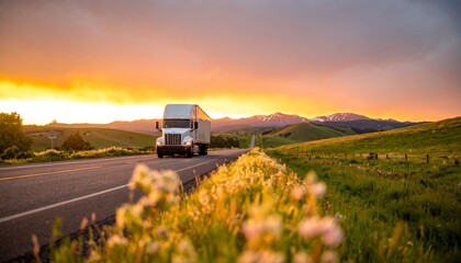 Obraz premium cargo truck driving on highway, beautiful sunrise