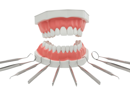 Dental examination tools for oral health in clinical settings dental clinic 3d model medical environment front isolated PNG