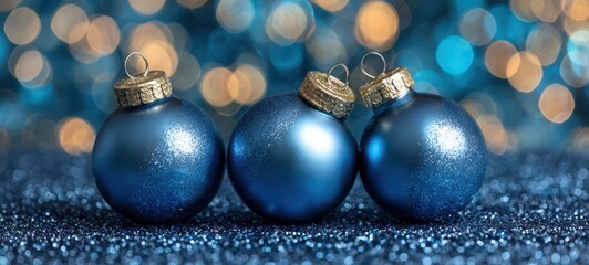 Fototapeta premium The sparkling blue Christmas ornaments adding elegance to holiday decorations.