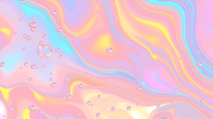 Iridescent colorful abstract background with bubbles, fluid texture pastel tones curvy wavy good vibes