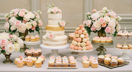 Wedding dessert buffet with macarons, cupcakes, tiered cake, flowers, elegant festive treats, romantic celebration, stylish luxurious dessert table, realistic charming wedding display