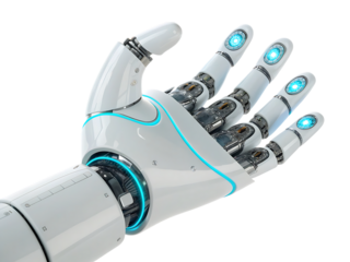Advanced Robotic Hand Technology with Glowing Blue Accents and Futuristic Design Isolated on Black Background