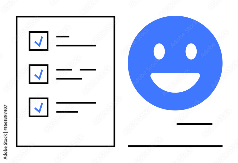 Aufkleber checklist with three marked tasks and blue smiling face icon suggesting satisfaction and success. id