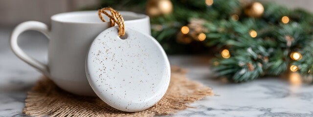 Handmade ceramic ornament on craft paper beside a cozy cup and festive greenery during the holiday season