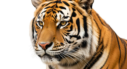 Fototapeta premium Close up portrait of a majestic bengal tiger with striking stripes and intense golden eyes looking ahead isolated on transparent white background