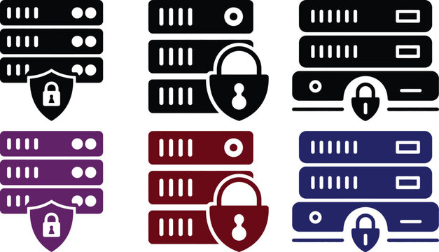 Secure server racks with padlock and shield icons representing data protection