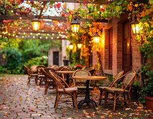 Autumn cafe patio under lit pergola