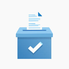 Ballot paper being deposited into a blue ballot box, signifying a vote cast and democratic process.