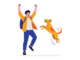 Joyful Bond: A man and his dog celebrate a moment of pure happiness, the illustration style highlighting the special connection and the feeling of shared joy.