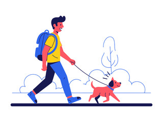 Fototapeta premium Joyful Walk: A person strolling with a cheerful dog in the park, experiencing pure happiness in a lively and vibrant illustration.