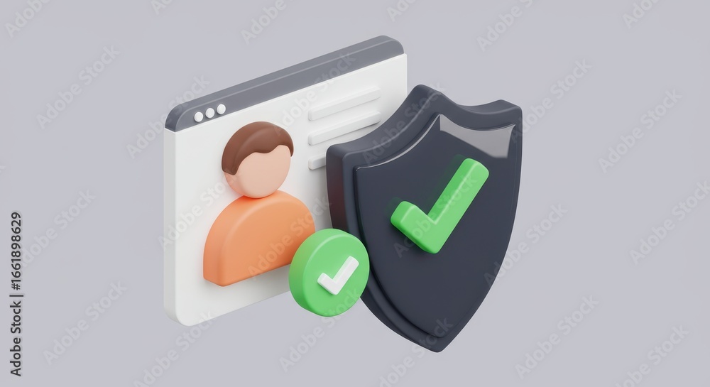 Poster abstract representation of user data security with shield and verified checkmarks