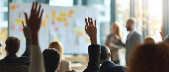 The engaged audience raising hands during a collaborative business presentation.